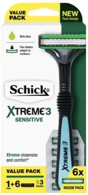 3 x Schick Xtreme 3 Sensitive 3 Blade - 3 Razors + 18 Refills Free Tracked Post