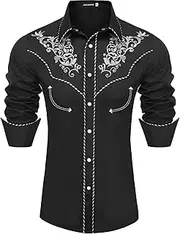 [JoZorro] Men's Long Sleeve Pearl Snap Shirt Rhinestone Cowboy Cut Western Embroidered Casual Button Down Shirt
