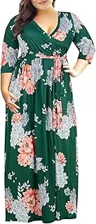 [Nemidor] Women's 3/4 Sleeve Floral Print Plus Size Casual Party Maxi Dress (26, GreenPrint)
