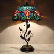 Tiffany Table Lamp, Stained Glass Desk Light, W12H19 Inch, Metal Leaf Base (T...