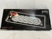 Vtg Glass Tray White Lace 13” Rectangular Tray Crystal Clear Studios Gold Trim