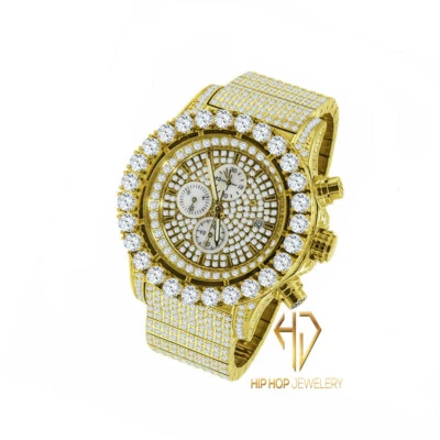 Men's Solid Stainless Steel Yellow Gold Tone Simulated Diamond Custom Watch 48mm