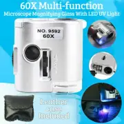 Mini 60X Microscope Magnifier Portable Magnifying Glass W/ LED UV Light Hot