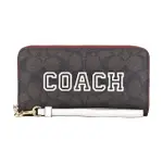 【COACH】COACH VARSITY字母LOGO印花PVC拉鍊長夾(深棕X白)