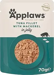 Applaws 100% Natural Wet Cat Food Tuna Fillet with Mackerel in Jelly, Limited Ingredients Pet Food 70g Pouch (Pack of 16)