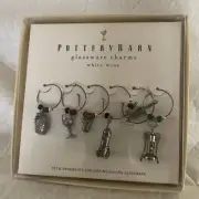 Pottery Barn Glassware Charms Stem Ornaments White Wine Set of 6 USA Cork Bottle