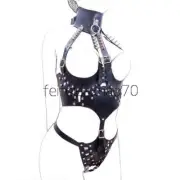 Black PU Leather Spikes Choker Collar Open Body Harness Flirts Restraint Women