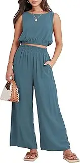 [ANRABESS] Women’s Summer 2 Piece Outfits Sleeveless Round Neck Crop Top Tank and High Waisted Pants Jumpsuit Lounge Set
