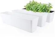 GREANER Window Boxes Planters, 3PCS 16x3.8 Inch Large Herb Planters with Tray, Indoor Succulent Cactus Flowers Vegetable Plastic Rectangle Pots for Balcony, Office, Garden, Outdoor, Windowsill (White)