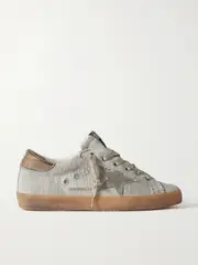 [Golden Goose] Golden Goose - Super-star Suede And Metallic Leather-trimmed Distressed Canvas Sneakers - Off-white - IT38 IT 38 Off-white