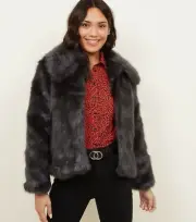 NEW LOOK DARK GREY FAUX FUR COLLARED JACKET LOOK DAY NIGHT PARTY OCCASION UK M