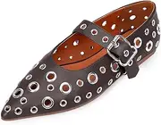 [100FIXEO] Women's Ballet Flats Metal Eyelet Perforated Studded Buckle Strap Pointed Toe Shoes