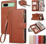 [Asuwish] Mobile Phone Case for Google Pixel 8a Case with Strap Film Screen Protector Card Slot Foldable Leather Wallet Stand Pixel8a 5G a8 Mobile Phone Cases Protective Zip Mobile Phone Case Brown