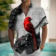 Men's Bird Red Cardinal Shirt Summer Shirt Button Up Shirt Short Sleeve Vintage Retro Outdoor Vacation Summer Spring Turndown 3D Print Collared Shirts Front On