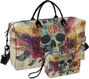 [YXYZRMY] Retro Skull Flower Board Travel Duffel Bag Gym Bag Sports Tote Bag with Multiple Interior Pockets Shoulder Weekender Bag for Women Men with Toiletry Bag 20.5”x 7.9”x 13.8”, Multi-Colored, one