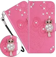 LEMAXELERS iPhone 8 / iPhone 7 Case, iPhone 8 Mobile Phone Case Glitter Diamond Owl Flower Embossed PU Leather Cover Magnetic Protective Case Skin Stand Mobile Phone Case for iPhone 8, YK Owl Pink