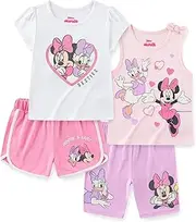 [Disney] Minnie Mouse and Daisy Duck Girls Mix, Match Short Sleeve T-Shirt, Tank Top, Shorts 4 Piece Set for Toddler Big Kids