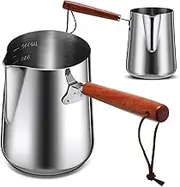 Honeydak Stainless Steel Pitcher with Wood Handle Milk Frothing Pitcher Metal Pitcher with Oz and ML marking Stainless Steel measuring cup for Coffee Milk,Dishwasher Safe(34 Oz, 1000ml)