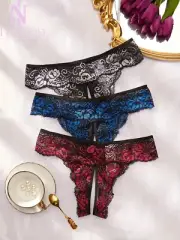 Women Lace Panties Crotchless Underwear Thongs Lingerie G-string Floral Briefs