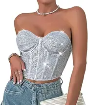 [Generic] Women's Glitter Sequin Corset Top Back Zipper Strapless Tube Top Outfits for Women