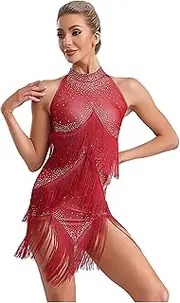 [Jugaoge] Women's Tassels Latin Dance Costume Prom Party Dancewear Rumba Salsa Samba Ballroom Dance Dress