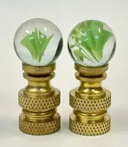 PAIR Brass Lamp Finials 5/8" Swirl Glass Marble Cat Eye Ball Jadeite Green #1766