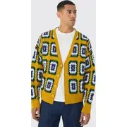 Mens Mustard Oversized Boxy Crochet Cardigan