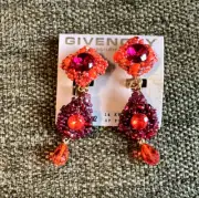 Vintage Givenchy Orange/ Dark Red Curved Links Basketweave Silver Tone Earrings