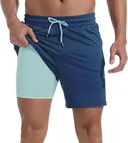 [FT FENTENG] Mens Swim Trunks with Compression Liner 7" Board Shorts with Zipper Pockets 2 in 1 Quick Dry Bathing Suits, Navy&minty Green, X-Large