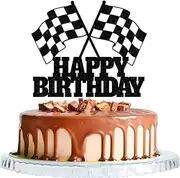 WRACKKIAR Car Cake Topper Race Car Cake Decorations for Racing Car Checkered Flag-Glitter Race Car Cake Topper Happy Birthday Theme Cake Decor