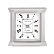 Bulova The Wilton tabletop clock in silver with Roman numerals and metal case.
