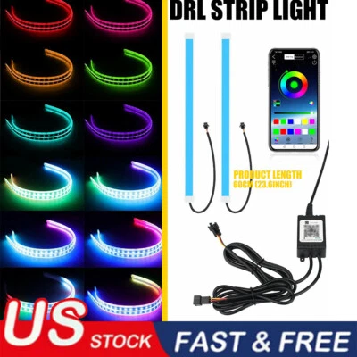 2PCS 60cm RGB Flexible Auto Car LED DRL Tube Headlight Strip Light APP Control