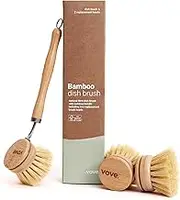 Premium Bamboo Dish Brush | Long Handle Brush with 3 Replacement Heads | Natural Fiber | Eco-Friendly | Plastic Free | Wooden Dish Brush | Long Lasting | for Washing and Cleaning