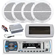Pyle Bluetooth Marine Radio, Cover, Antenna,Amp w/Kit, 4x 6.5" 90W White Speaker