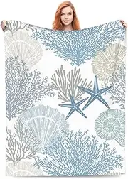 Nautical Coastal Blanket Starfish Seashell Coral Beach Themed Throw Blankets Gifts for Adults Sea Ocean Theme Lightweight Soft Fleece Cozy for Sofa Couch Bed Room Birthday Decor 50x60in