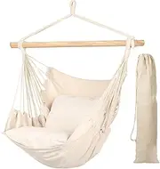 Hammock Chair Hanging Rope Swing + 2 Cushions, Max150kg, Large Hammock Net Chair Swing, Cotton Rope Porch Chair for Indoor, Outdoor for Bedroom, Outdoor, Patio, Bedroom, Porch, Beige
