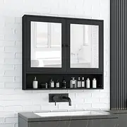 Bathroom Mirror Cabinet Wall Mount Storage Shaving Medicine Shaver Wall Cupboard Bath Toilet Shelves Furniture Organizer with 2 Doors Black