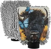 XYMZR Absorbent Microfiber Car Wash Mitt Bison Sunflower Butterfly, Funny Cute Anime Scratch Free for Cars Cleaning, Home Cleaning Mitts, 2 Pack, 10.24” L x 7.09” W