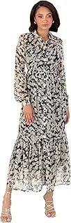 [Lovedrobe] Midaxi Women's Shirt Collar Long Sleeve Floral Elasticated Waist Gold Texture Smart Casual Office Wear Dress, Black