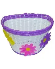 BPW Front Kids Bike Basket White with Purple Strip & Large Flowers