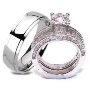 His & Hers CZ Wedding Ring Set Stainless Steel & Titanium Wedding Ring Set