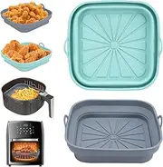 Alyvisun Silicone Mould for Hot Air Fryer, Pack of 2, Airfryer Silicone Baking Mould, Reusable Silicone Insert Accessories, Square Silicone Mat, Pot Liner for Air Fryer, Microwave, Oven, Blue + Grey