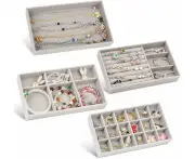 4 Pieces Jewellery Organiser, Drawer Organiser, Jewellery Tray, Stackable, Jewellery Tray, Velvet, Jewellery Drawer for Necklaces, Bracelets and Ear