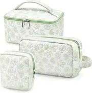 [beifon] Set of 3 Women's Cosmetic Bag Toiletry Bag with Floral Pattern, Toiletry Bag, Make Up Bag, Portable Makeup Bag, Wash Bag, Large Women Girls, Green, Modern