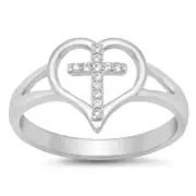 Cross in Heart Ring Genuine Sterling Silver 925 Face Height 12 mm Size 4 - 10