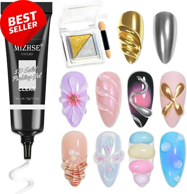 3D Nail Gel & Chrome Powder Kit, Clear Sculpting Gel for Nail Art Decoration