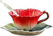 Beddinginn Colorful Tea Cups and Saucers，Hibiscus Flower Coffee Cup and Saucer Set with Spoon ，China Hand Crafted Tea Set (1 x 6oz)