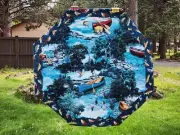 Handmade Quilted table topper octagon geese trees wildlife fish trout canoes