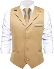[HEYDHSDC] Men Solid Black V-Neck Vest With Tie Tuxedo Dress Waistcoat Adjustable Casual Business Vests 3863 Xl