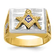 14k Two-tone Gold Men's Polished and Textured with Blue Enamel Blue Lodge Master Masonic Ring
